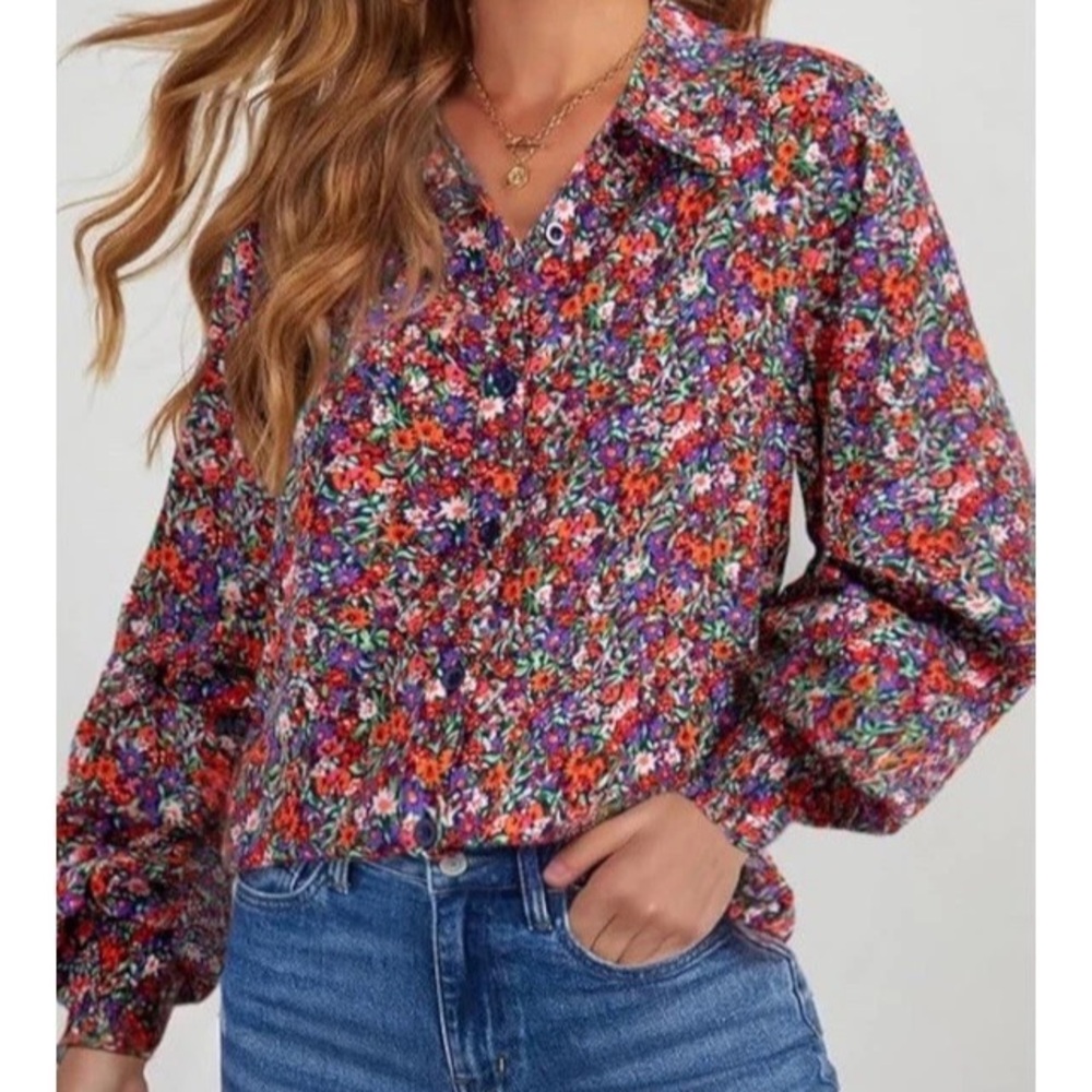 Dokotoo Women’s Floral Balloon Sleeve Button Down Blouse Top Shirt Casual Office - Picture 4 of 15